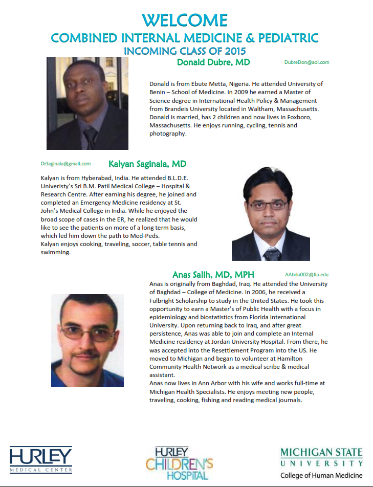 2015 incoming Combined Medicine/Pediatric residents at Hurley Medical Center (Bio Page)