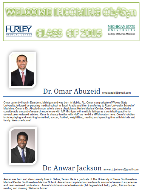 2015 Hurley Ob-Gyn Residents (incoming), photos and bios