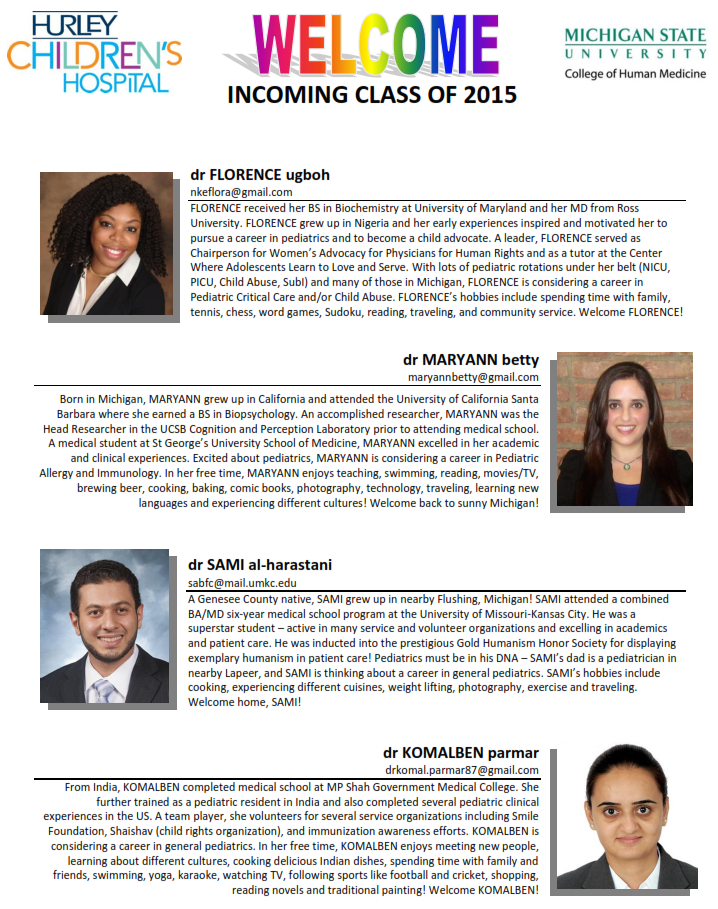 2015 Hurley Pediatric Residents (coming), photos and bios